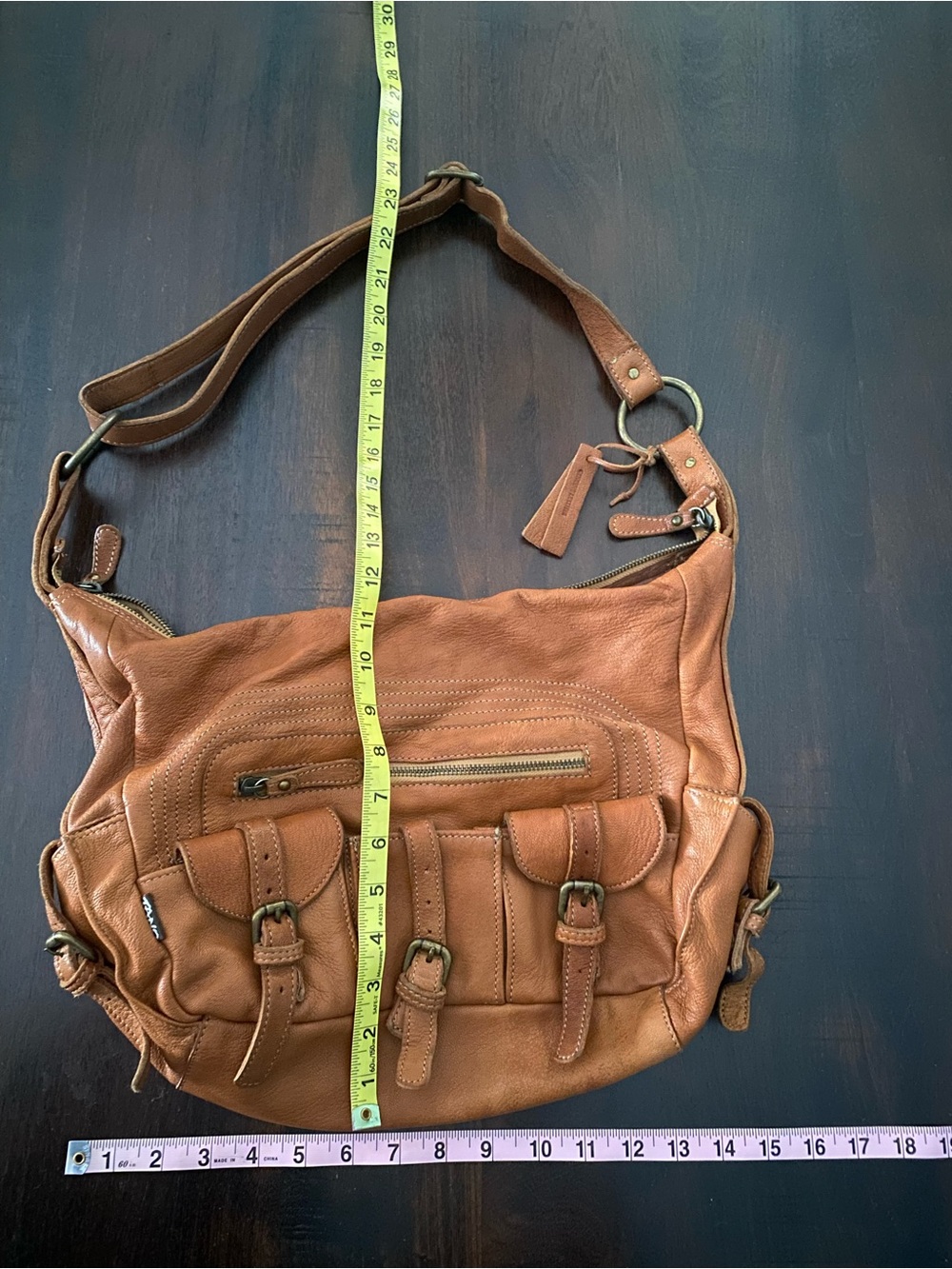 Tano Hobo Slouch Shoulder Bag Pebbled Leather In Cognac Hippie 70s Vintage Style - Picture 13 of 13